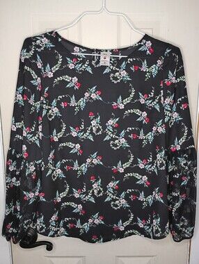 Lauren Conrad Disney Collection Black Floral Long-Sleeve Blouse Size Medium